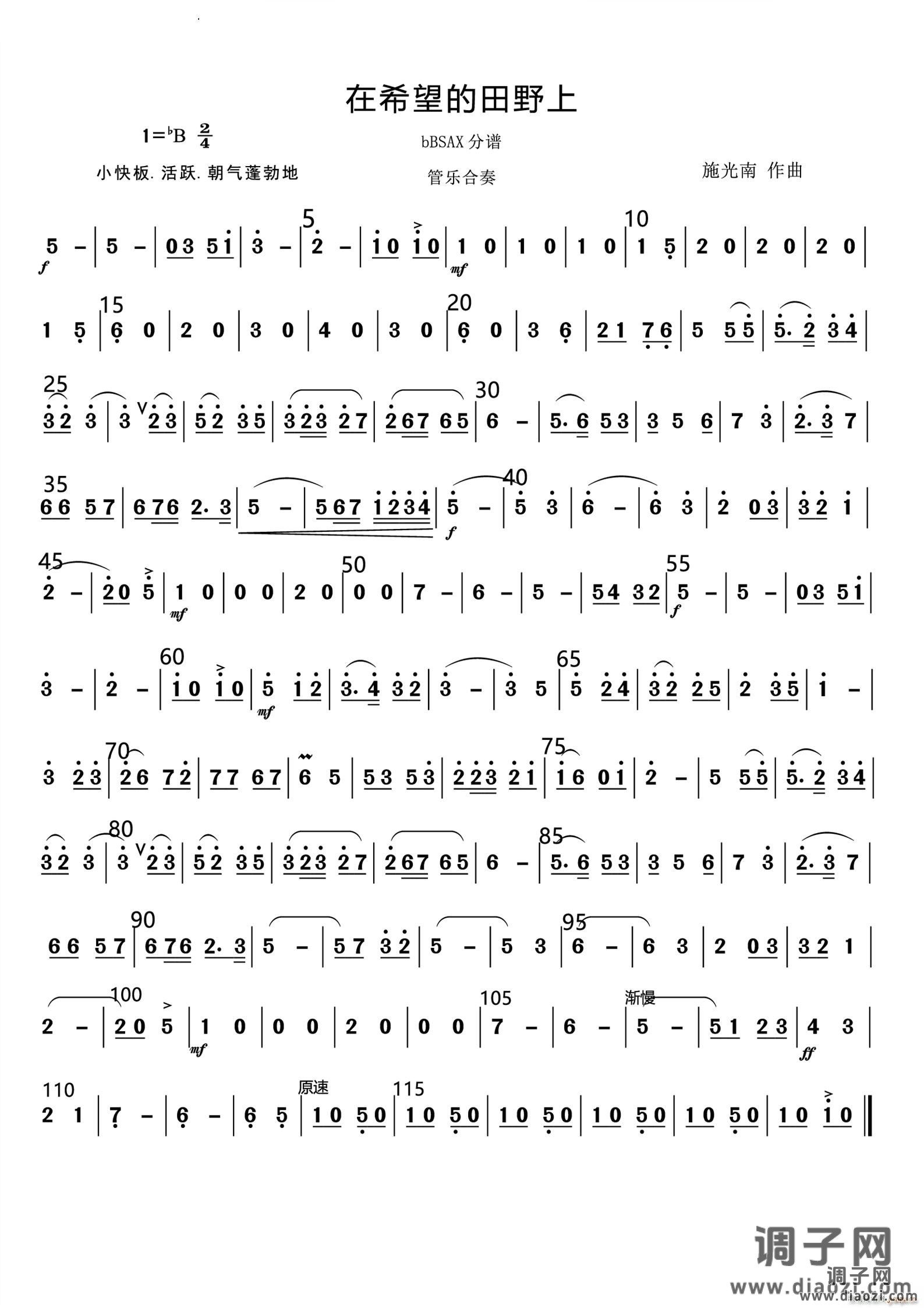 在希望的田野上管乐合奏总谱和分谱