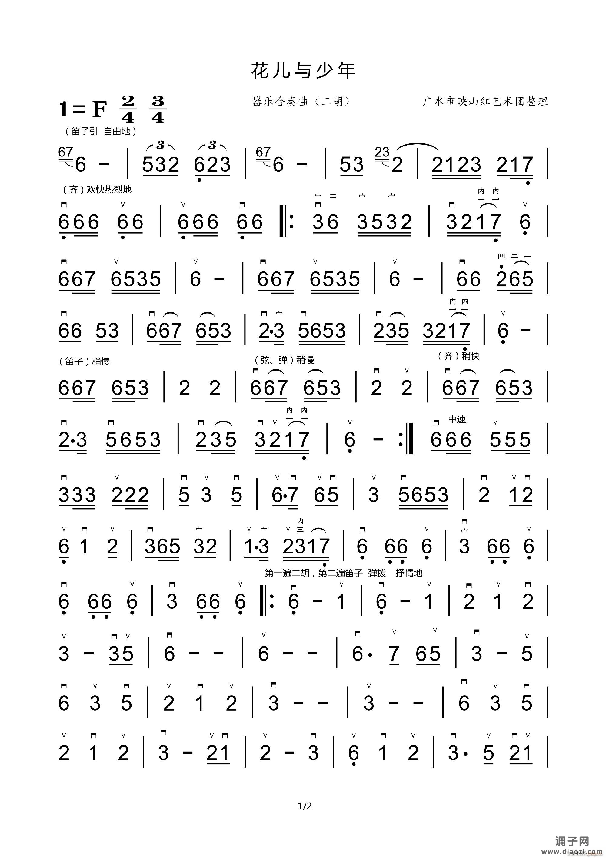 花儿与少年(器乐合奏二胡分谱)