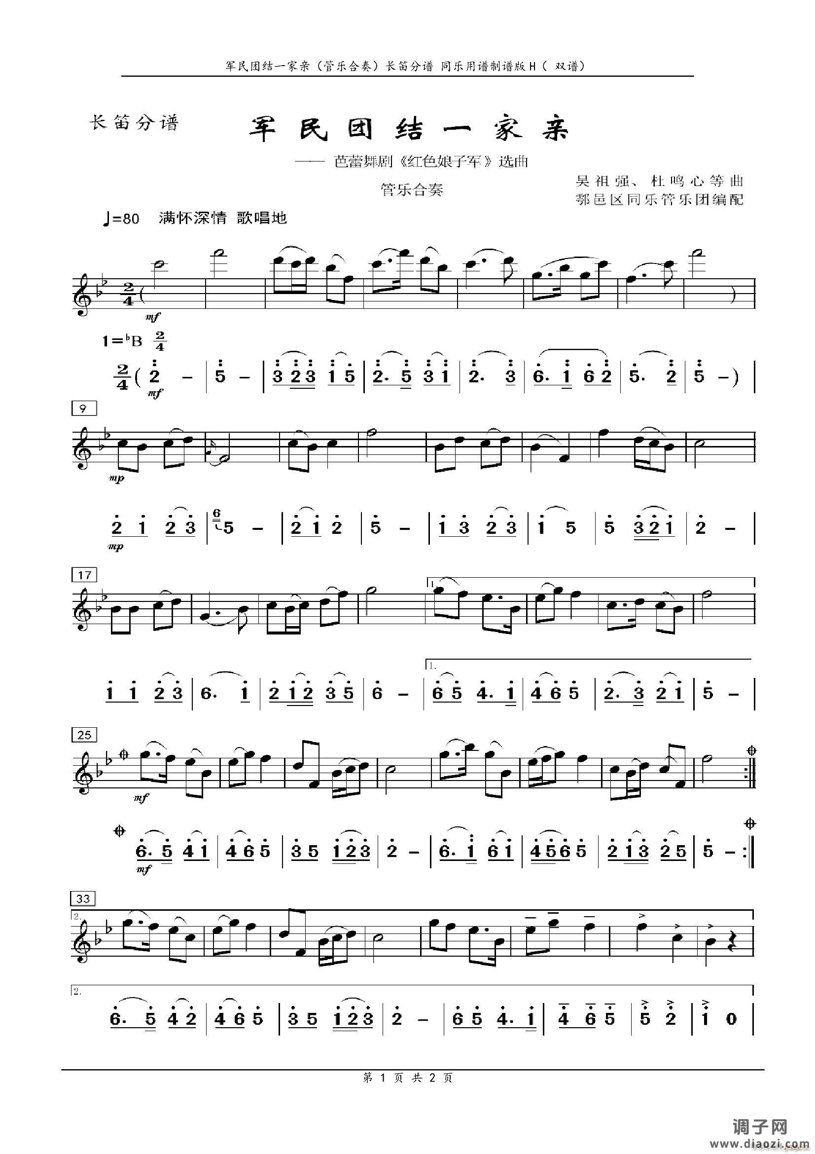 军民团结一家亲（管乐合奏）（长笛分谱）