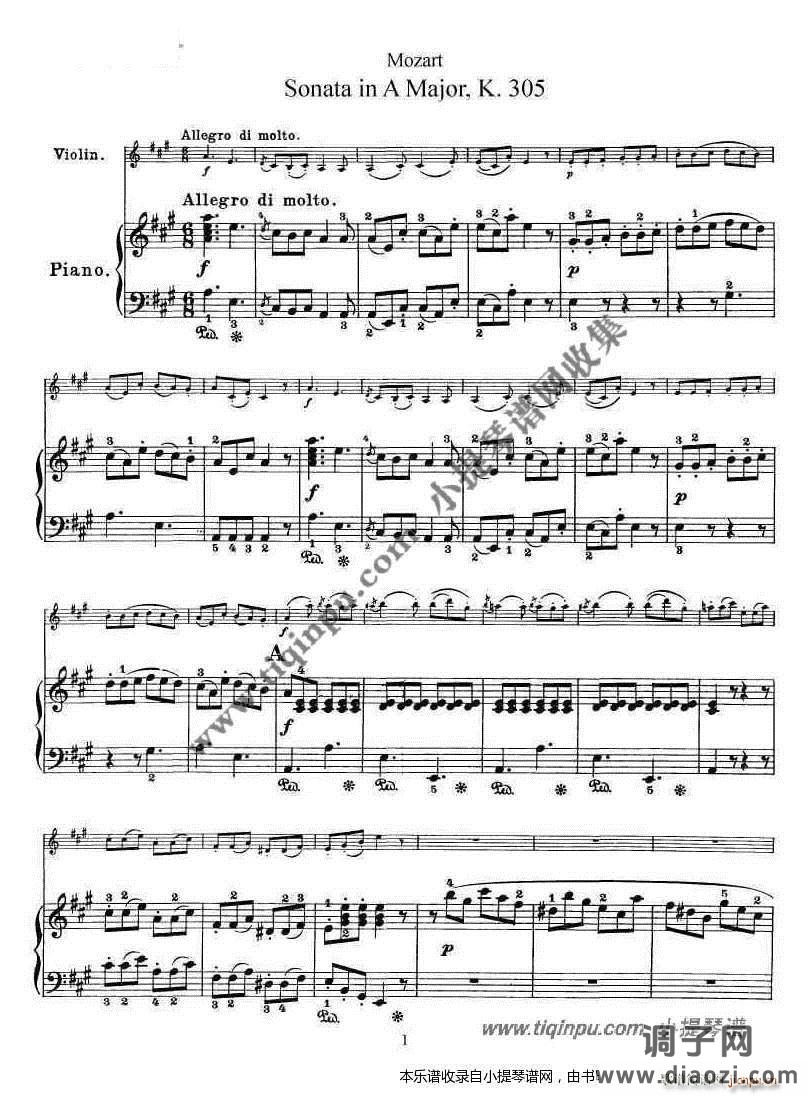 莫扎特小提琴奏鸣曲A大调（k 305）钢伴谱