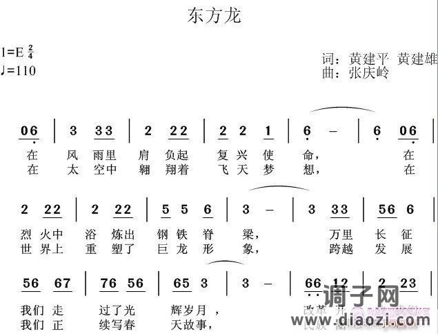 《东方龙》黄键坪 黄键雄词。张庆岭曲，黄清林编