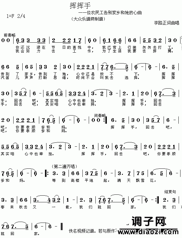 农民兄弟的歌曲:挥挥手(李路正词曲 简谱)