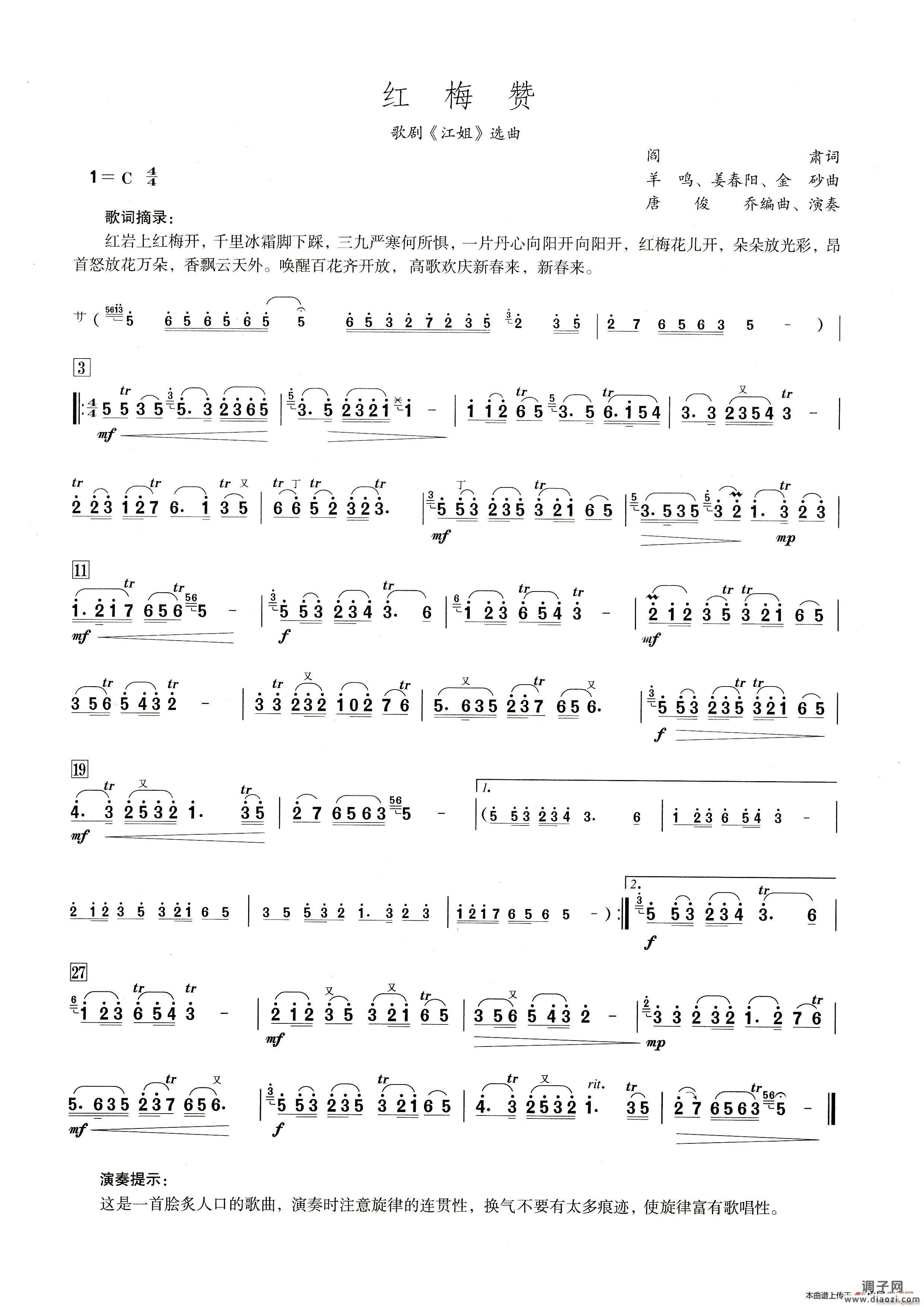 红梅赞( 笛子演奏提示版 )