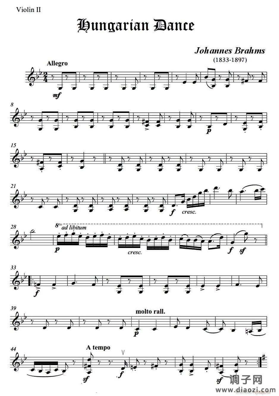 匈牙利舞曲（弦乐四重奏第二小提琴分谱） 提琴