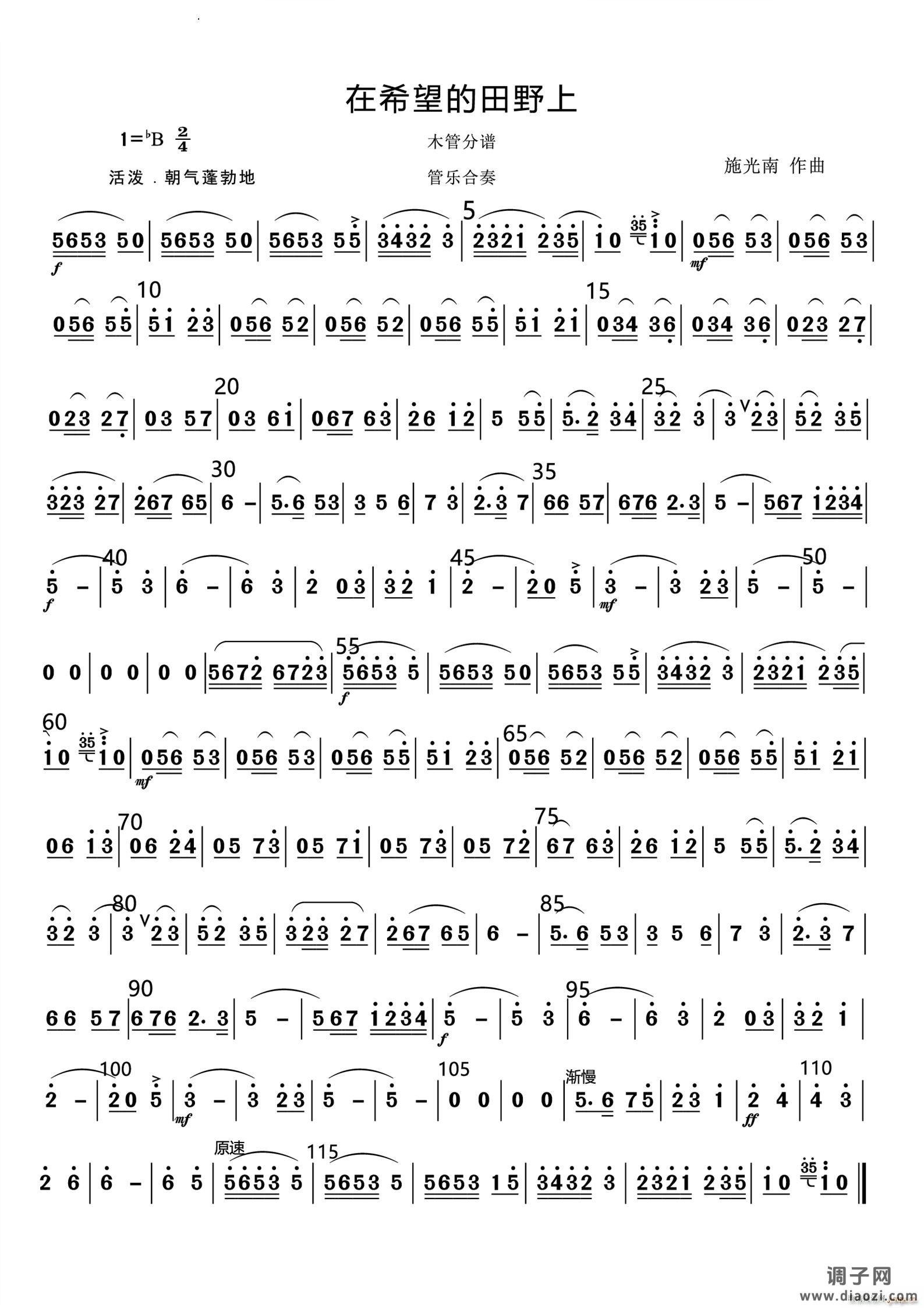 在希望的田野上管乐合奏总谱和分谱