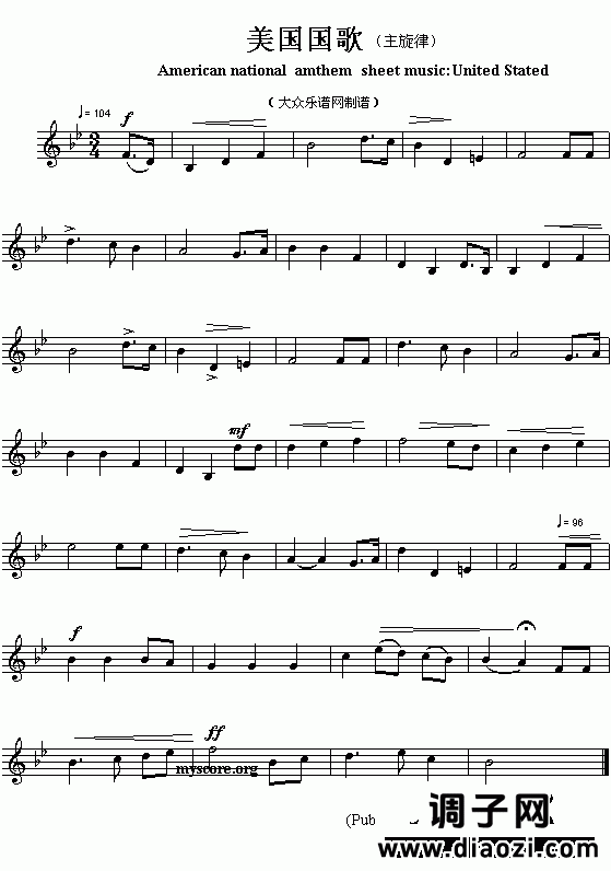 美洲各国国歌曲谱：美国（American national amthem sheet music:United Stated）