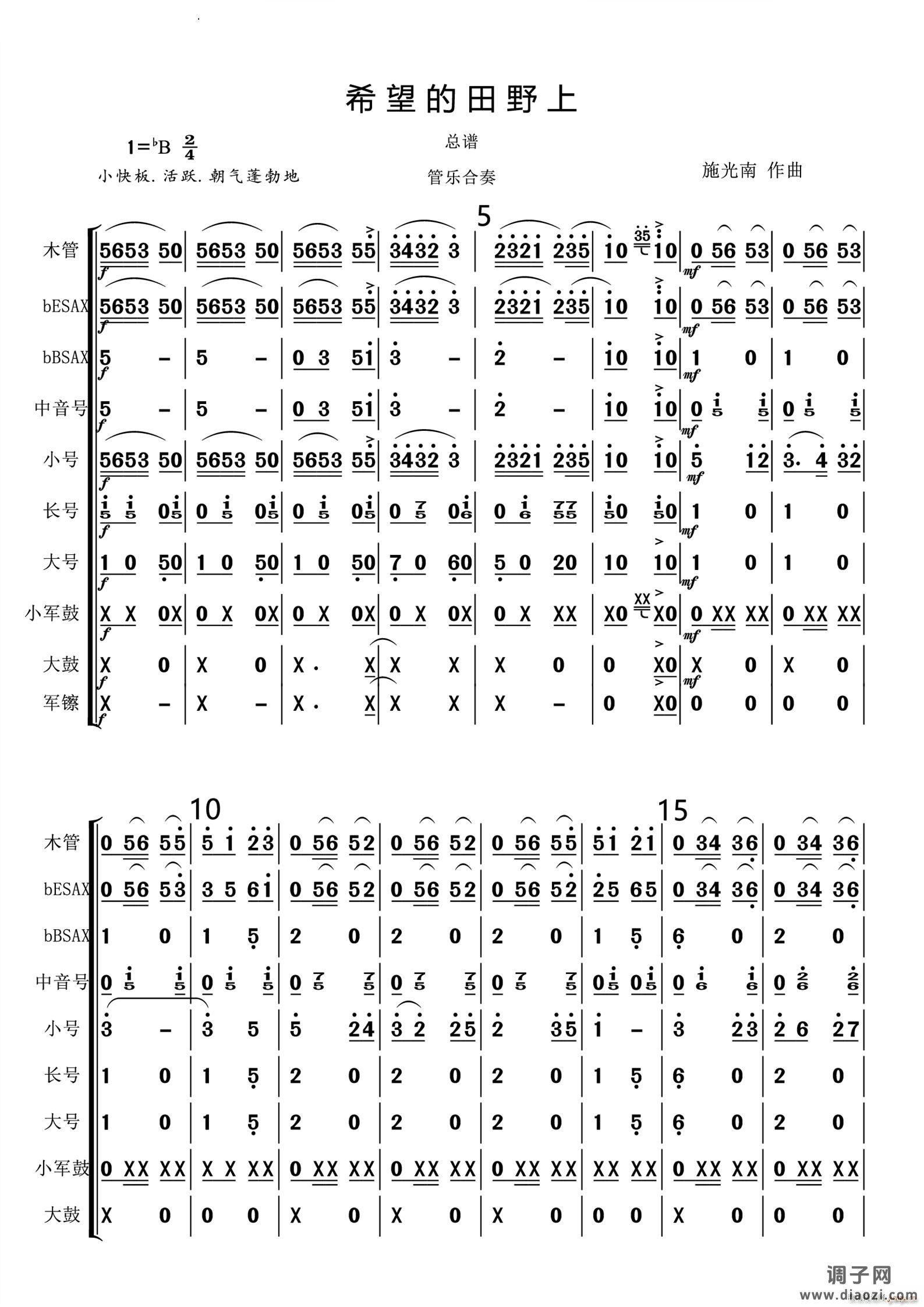 在希望的田野上管乐合奏总谱和分谱