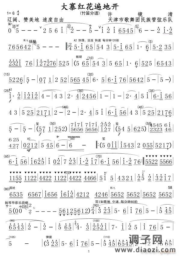 大寨红花遍地开(竹笛分谱)01