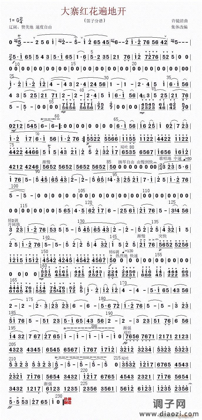 大寨红花遍地开（笛子分谱）