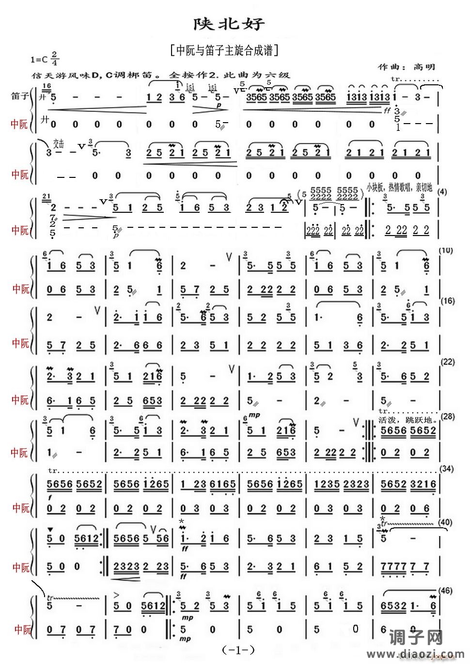 陕北好（中阮与笛子主旋合成谱）