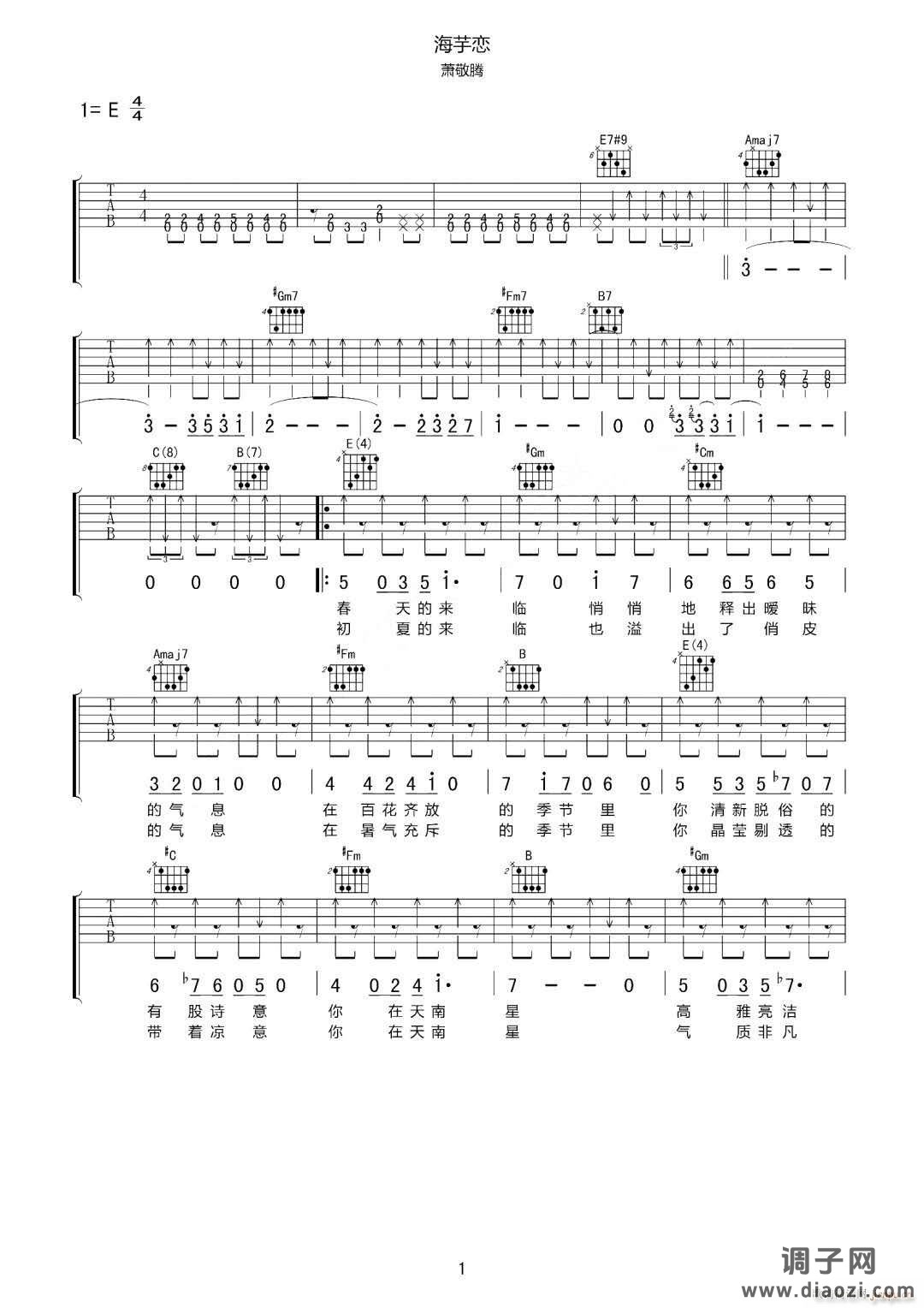 海芋恋 （ E调指法原版编配）
