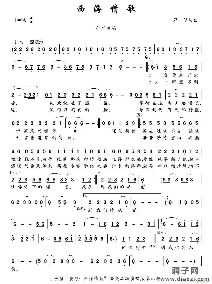 西海情歌电子琴降B调伴奏）