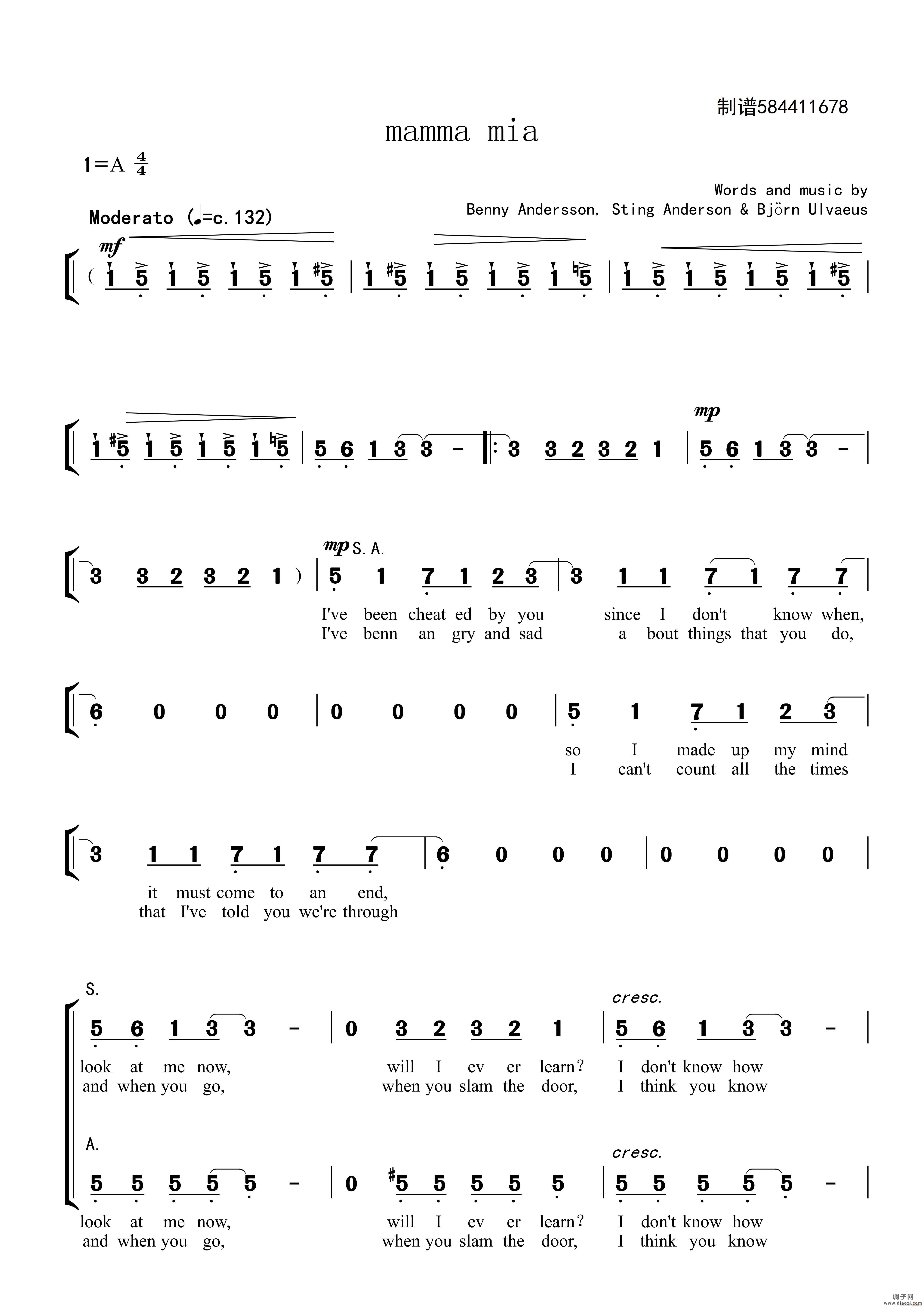 妈妈咪呀二部合唱