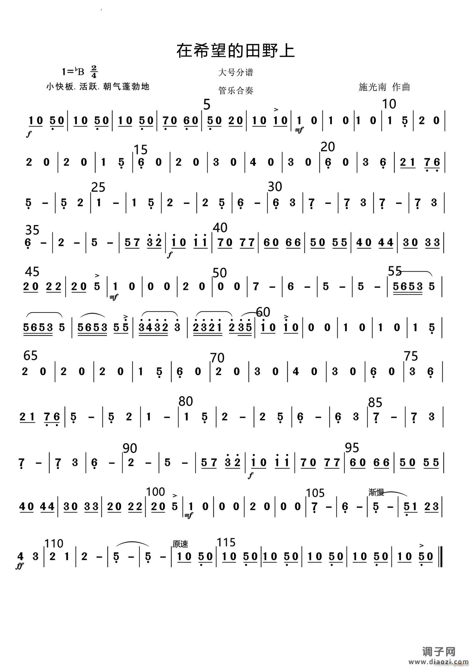 在希望的田野上管乐合奏总谱和分谱