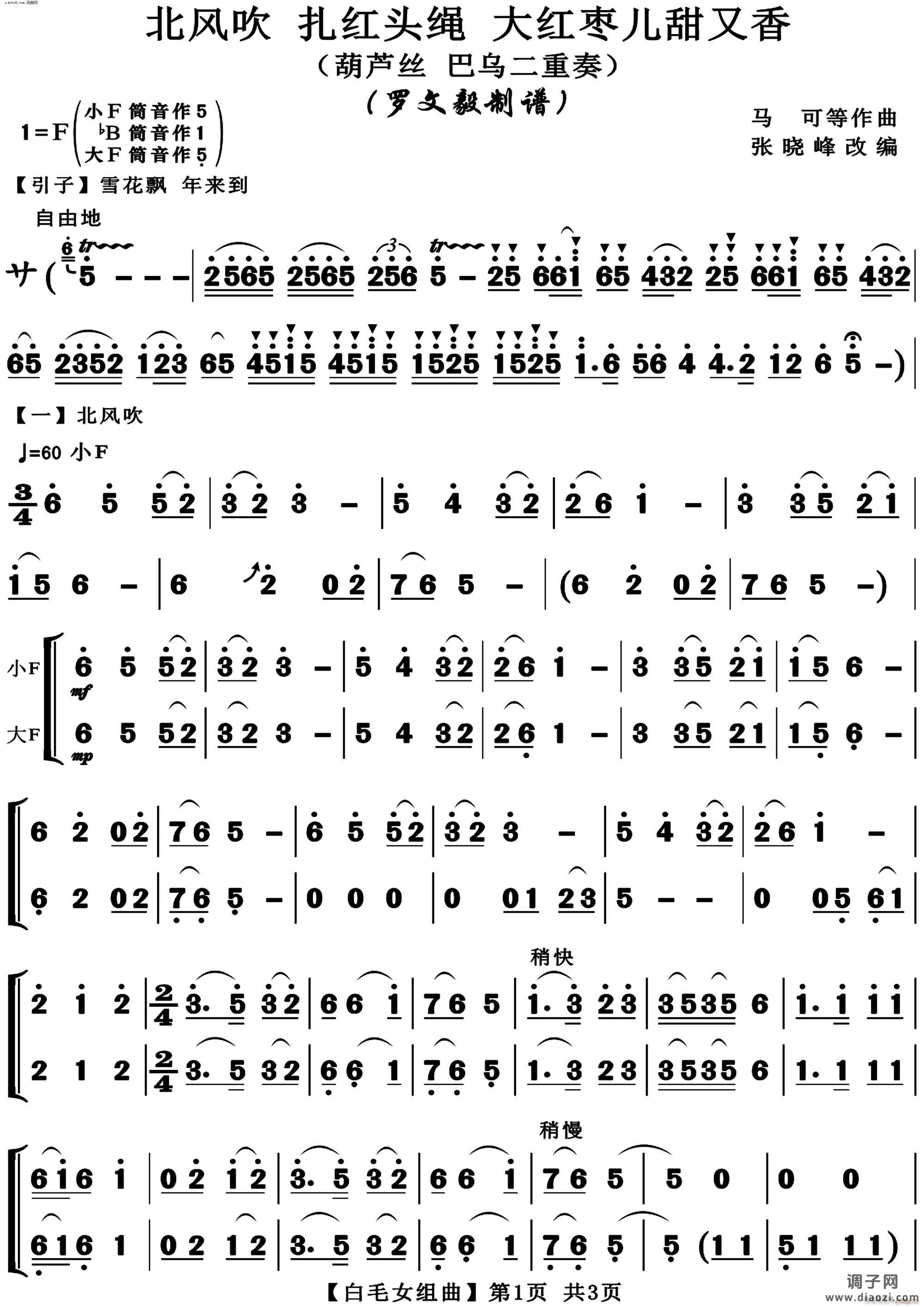 北风吹 扎红头绳 大红枣儿甜又香(葫芦丝)