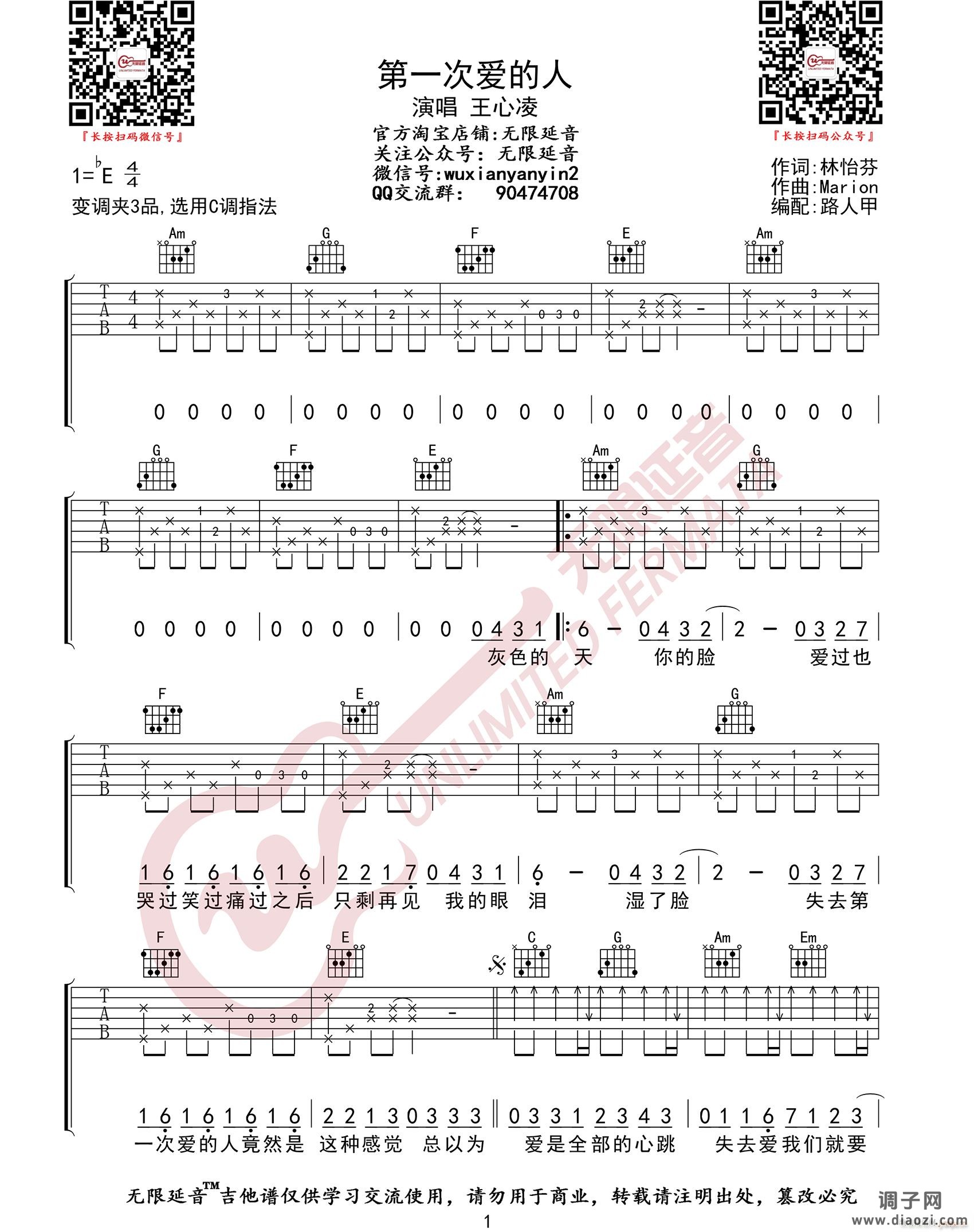 第一次爱的人 ( C调指法编配)