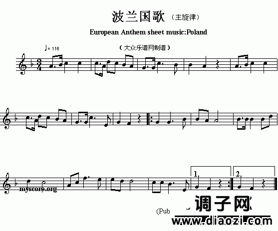 欧洲各国国歌曲谱：波兰（European Anthem sheet music:Poland）