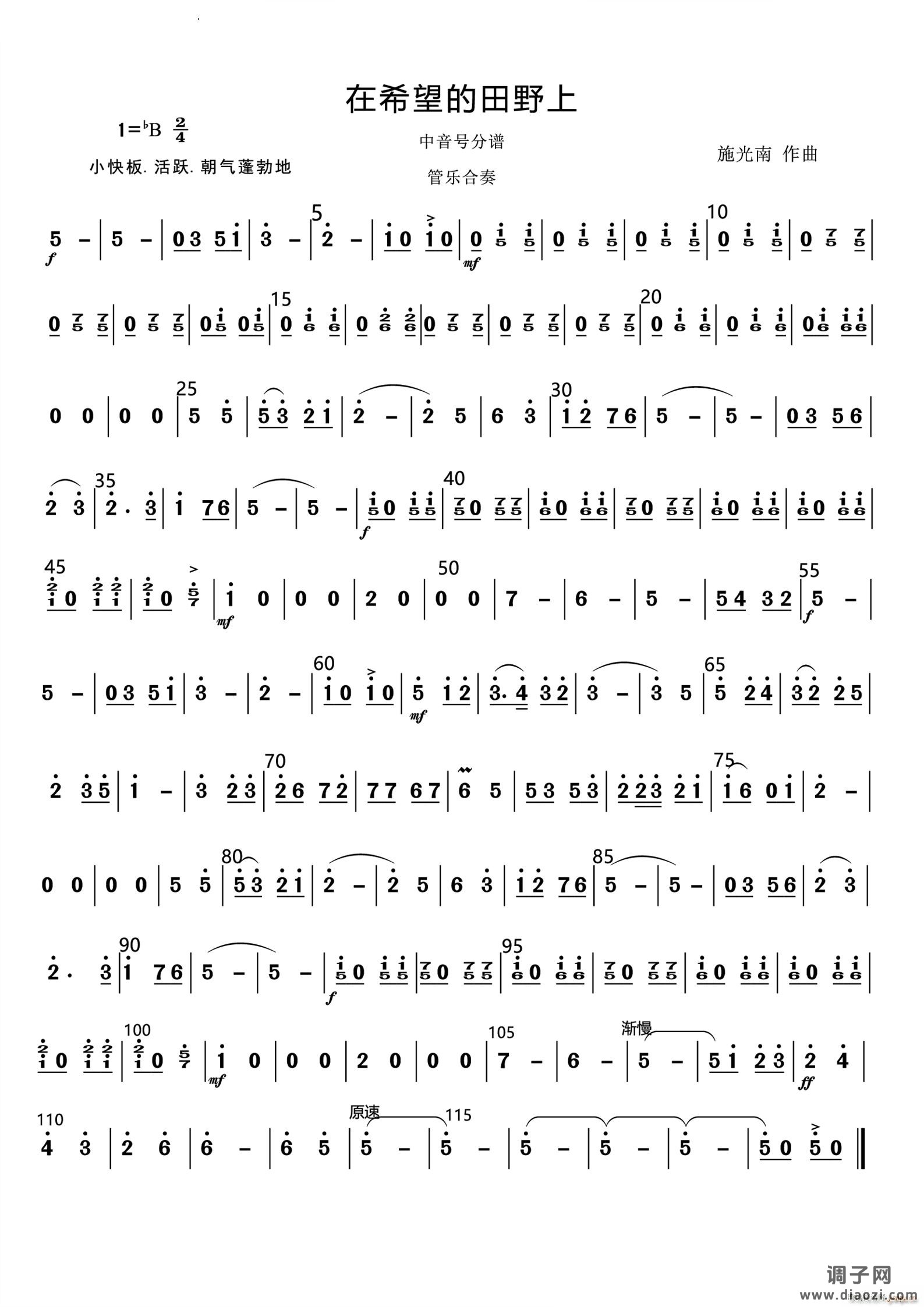 在希望的田野上管乐合奏总谱和分谱