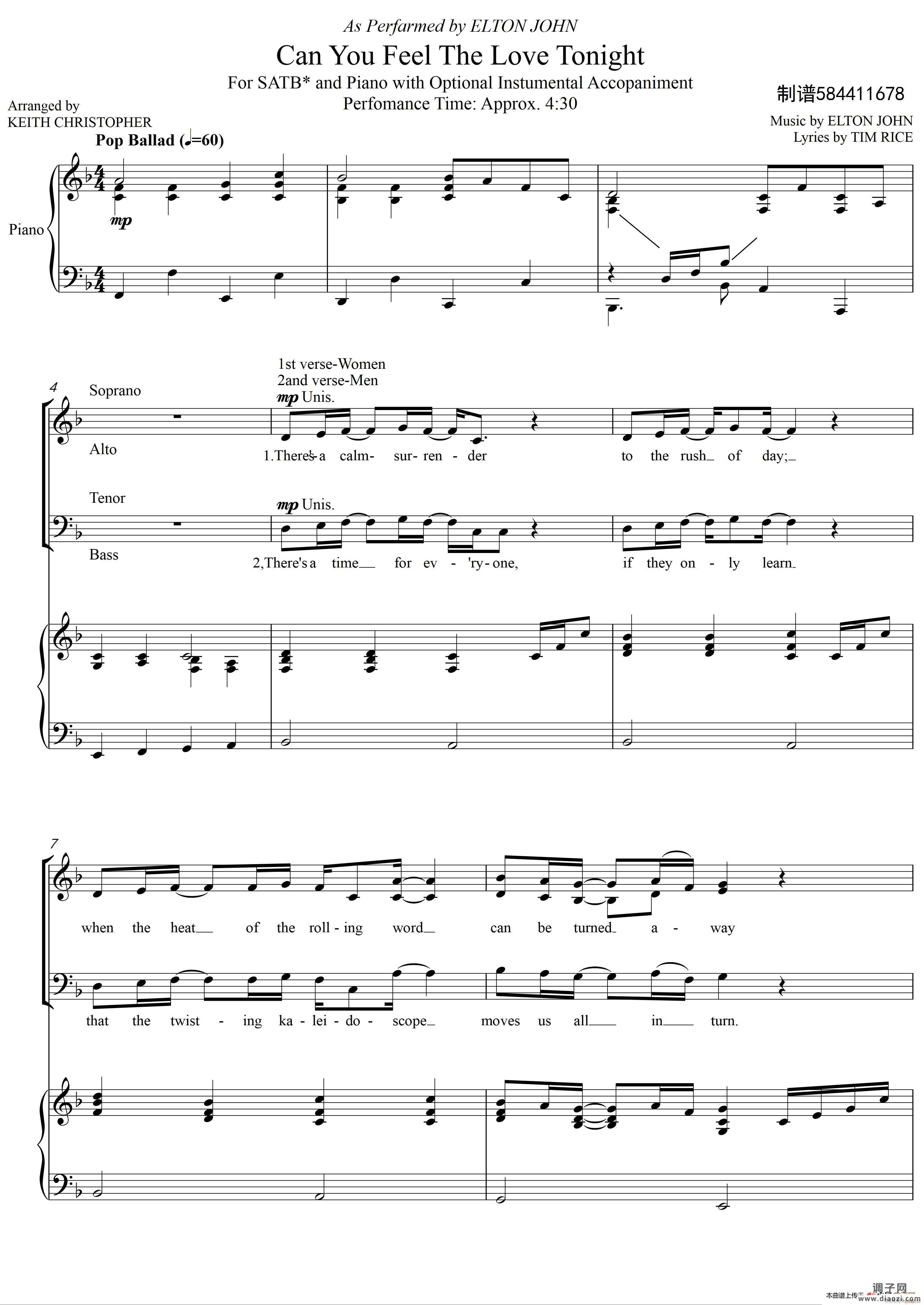 Can You Feel The Love Tonight 混声合唱谱