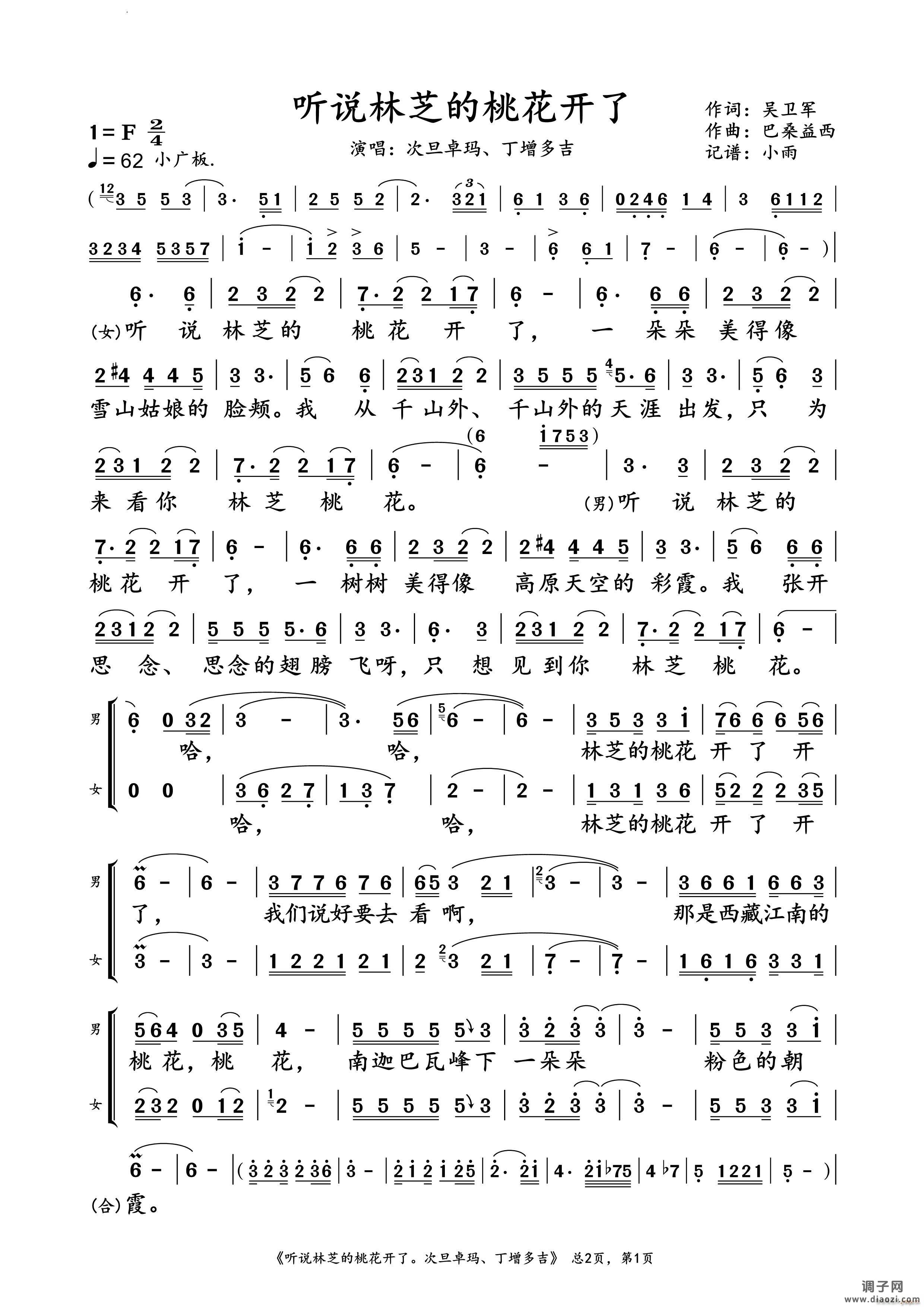 听说林芝的桃花开了 、丁增多吉 对唱谱