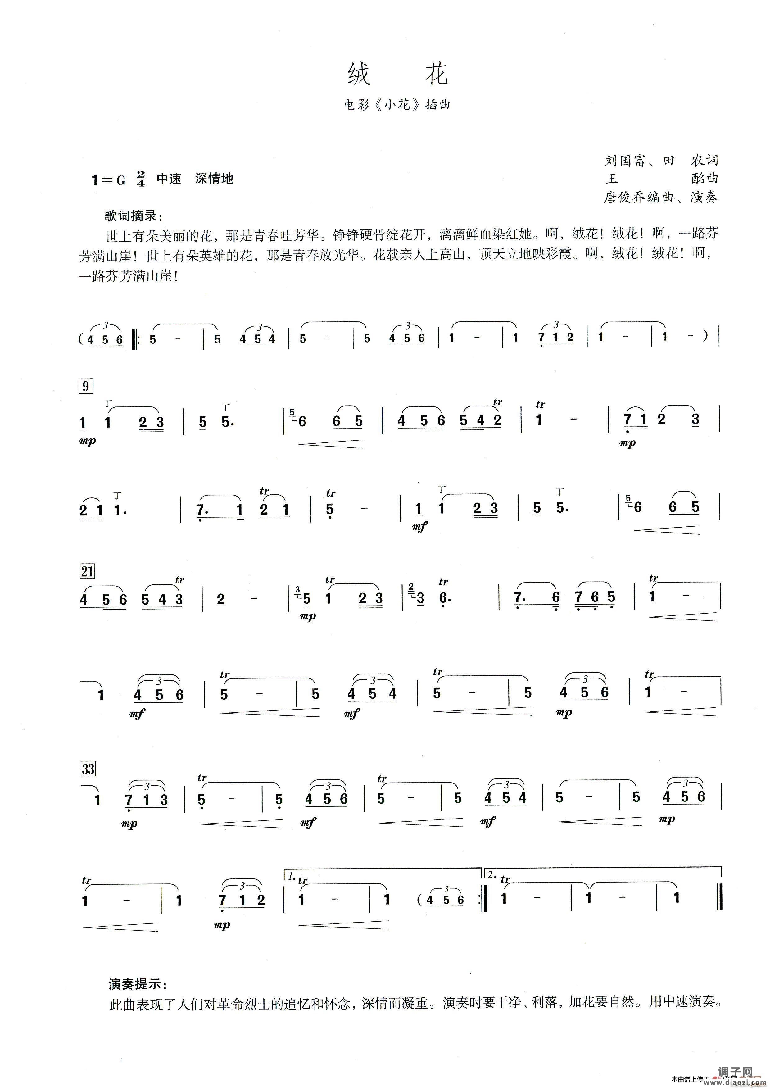 绒花( 笛子演奏提示版 )