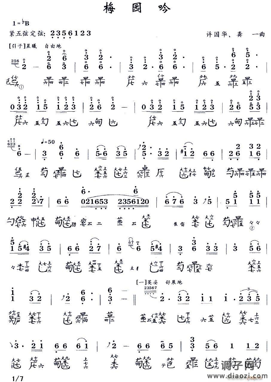 梅园吟（古琴谱 降B调 减字谱）