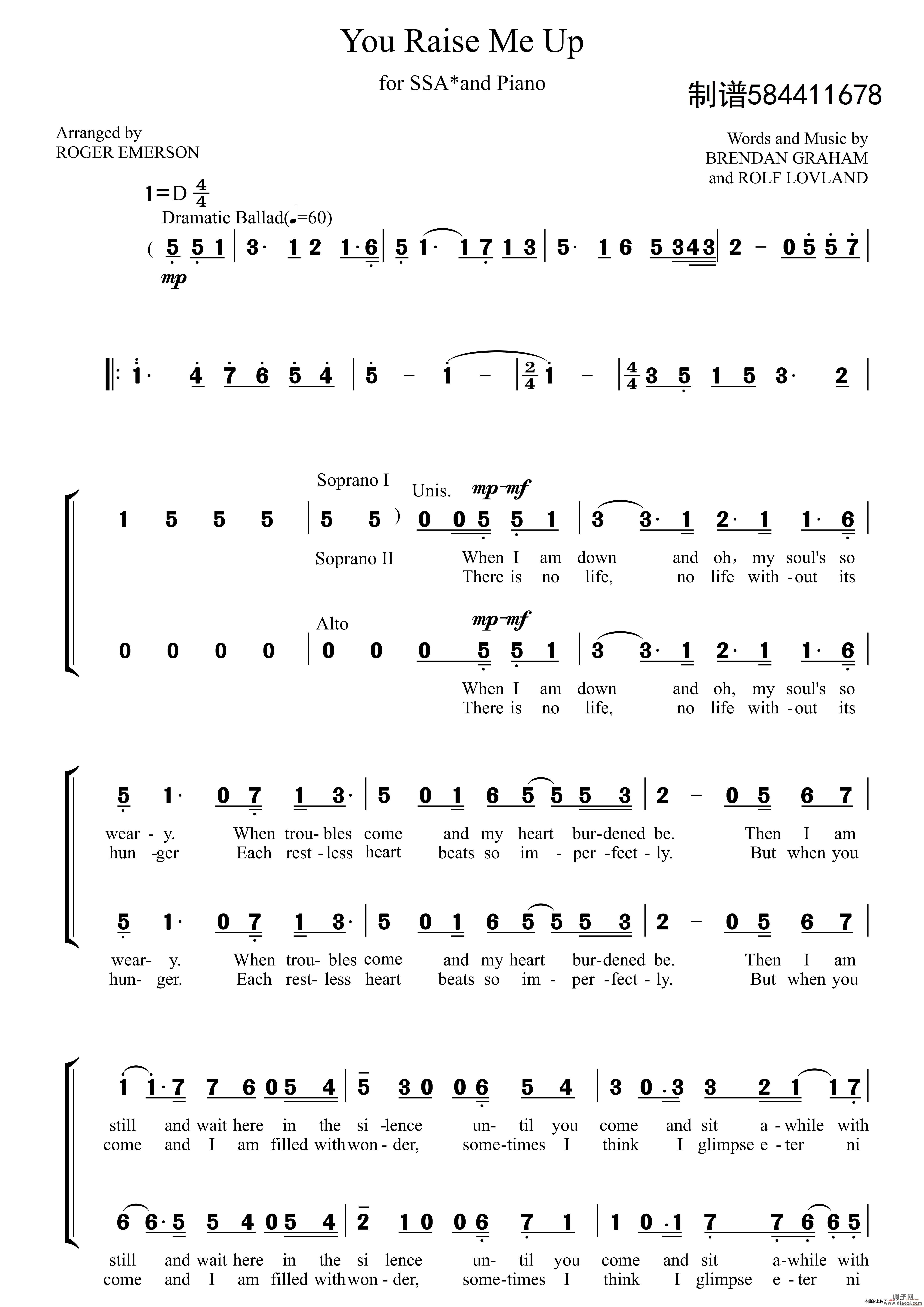 You Raise Me 唱谱（女声合唱SSA）