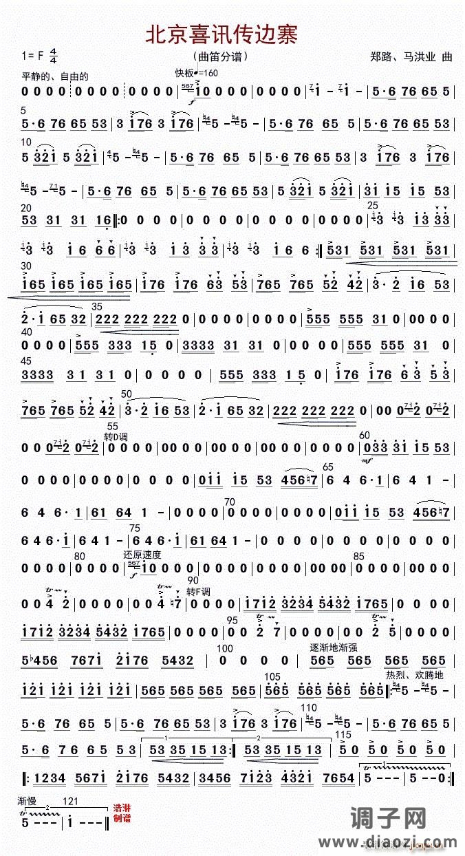 北京喜讯到边寨(曲笛分谱)