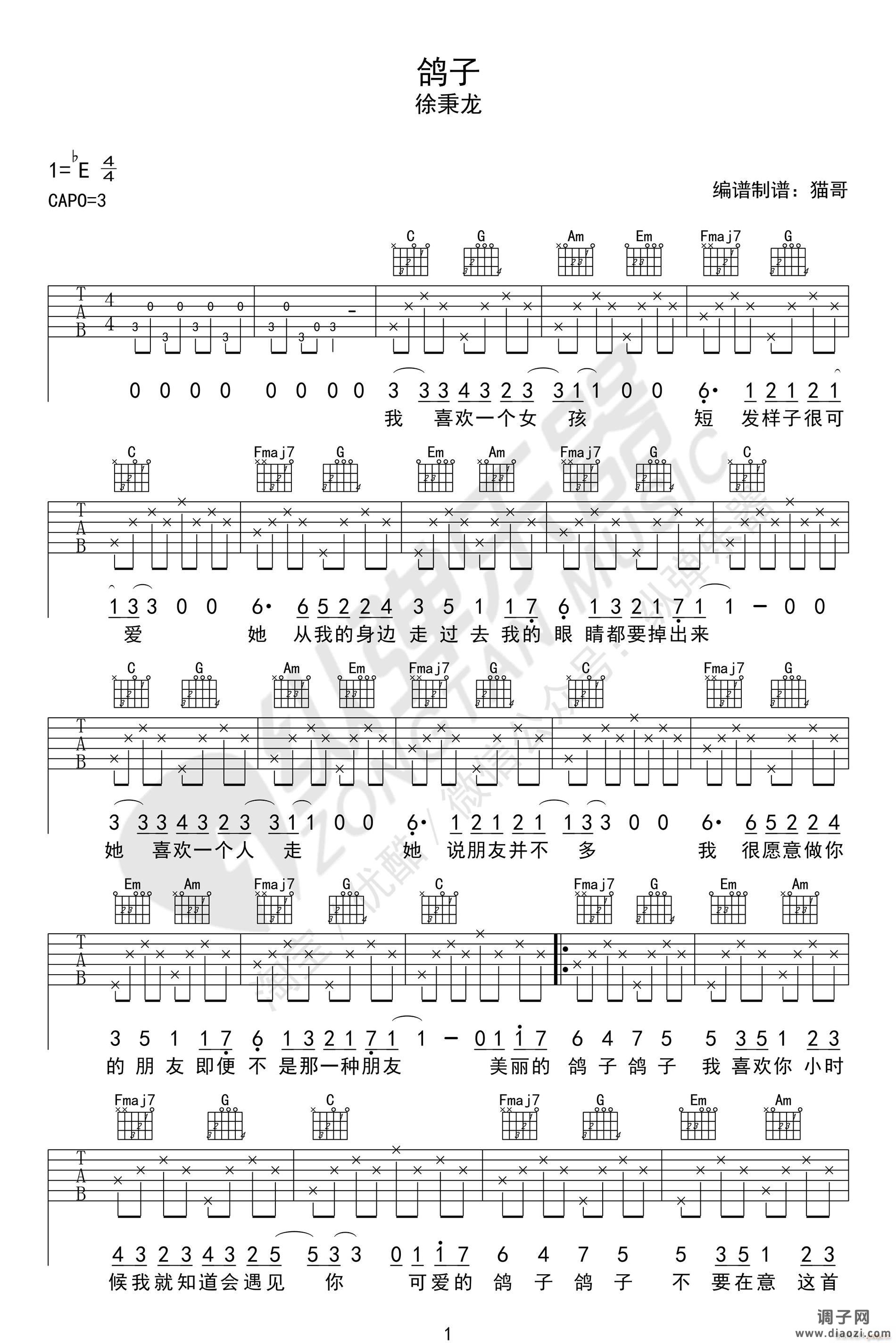 鸽子 （ C调指法原版编配）