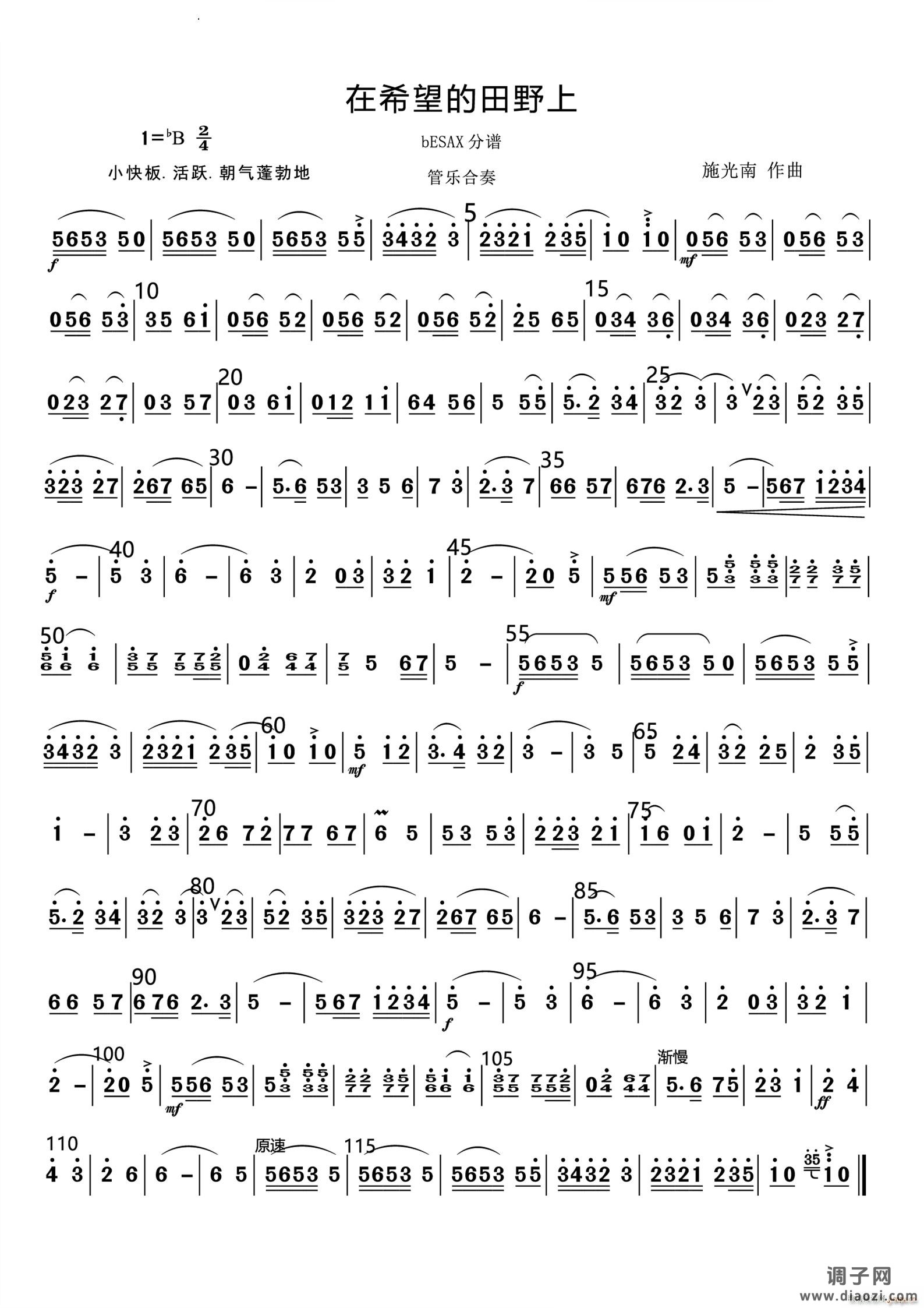在希望的田野上管乐合奏总谱和分谱