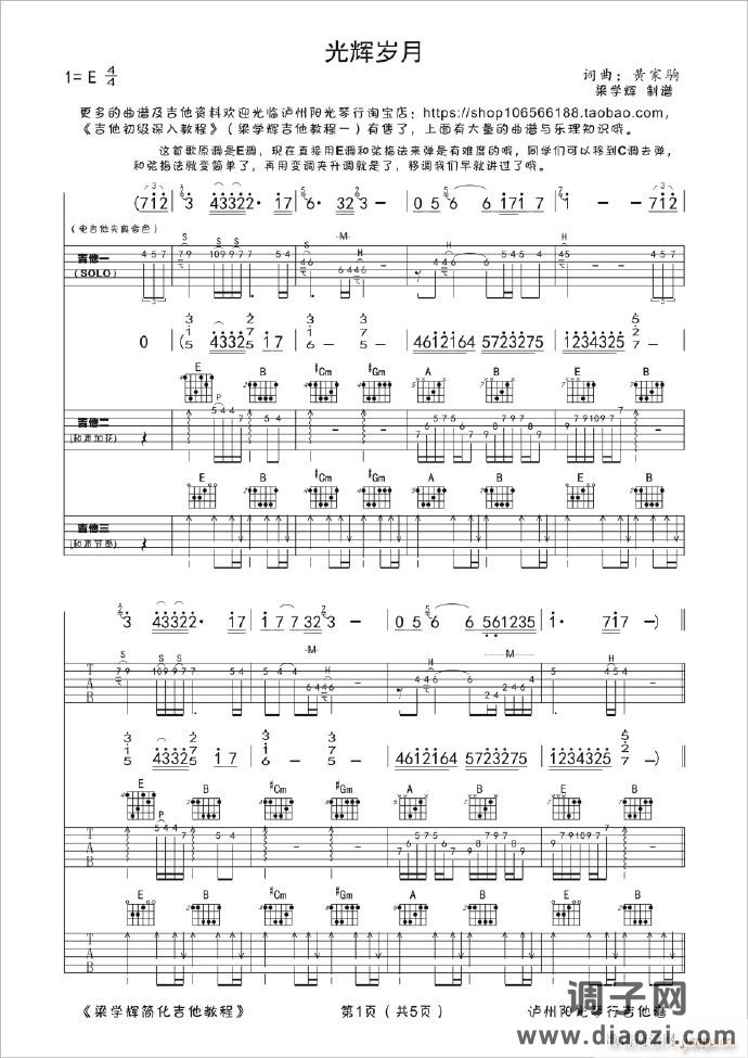 光辉岁月 （ E调原版）