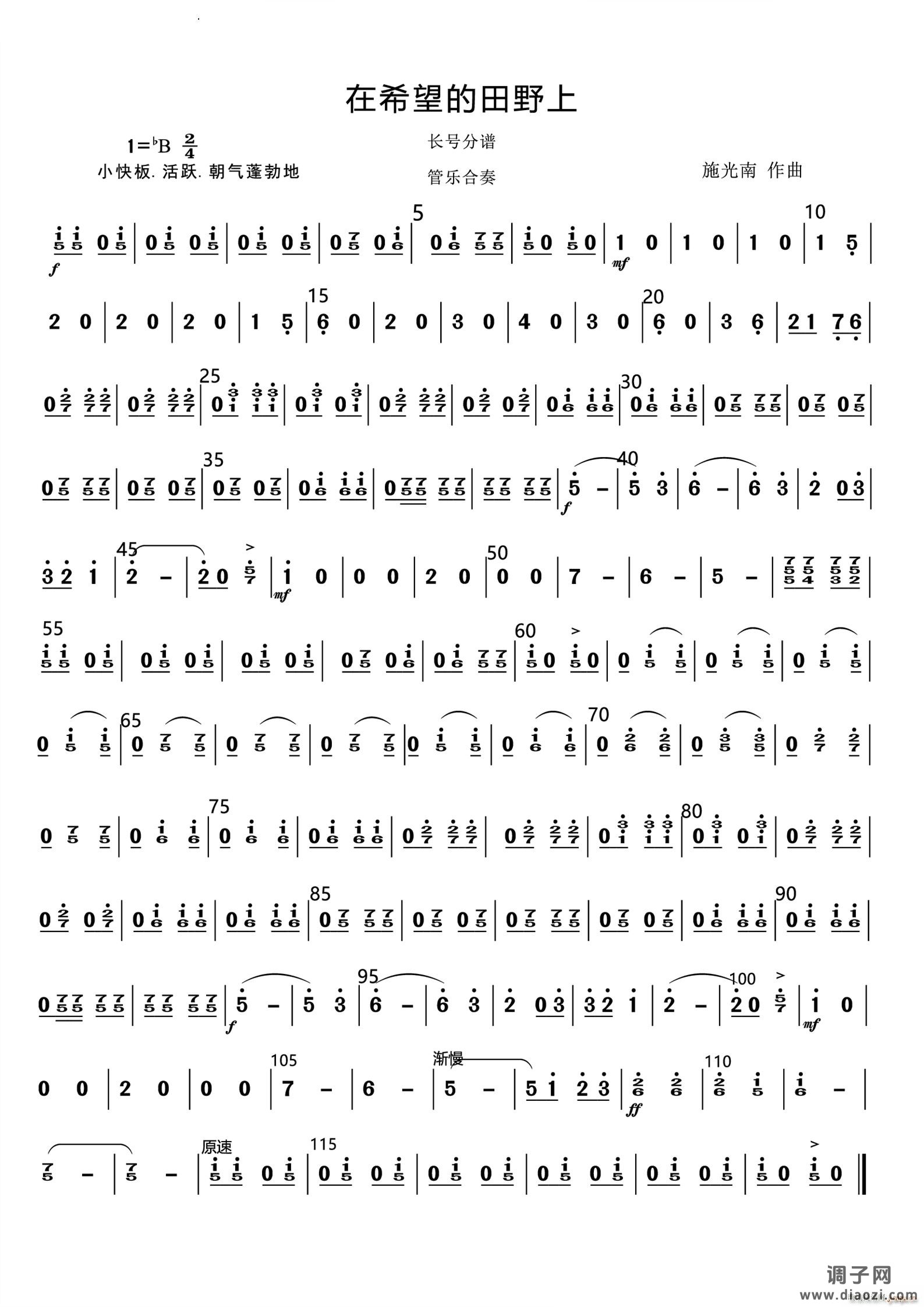 在希望的田野上管乐合奏总谱和分谱