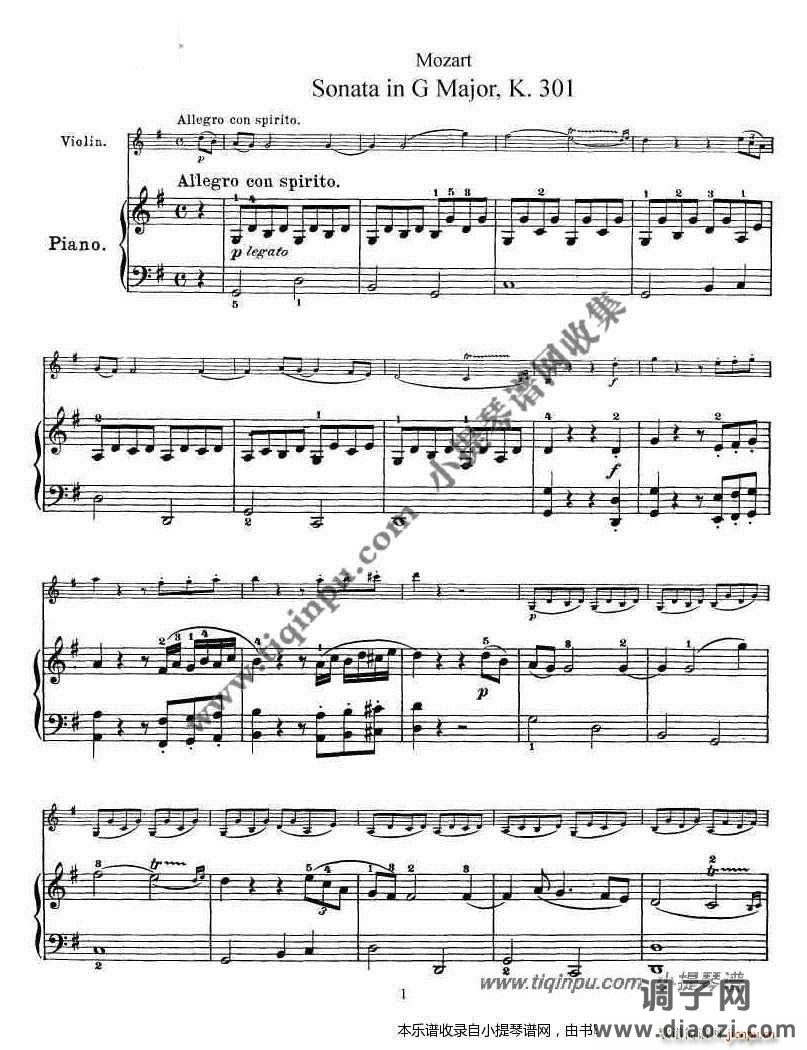 莫扎特小提琴奏鸣曲G大调（k 301）钢伴谱